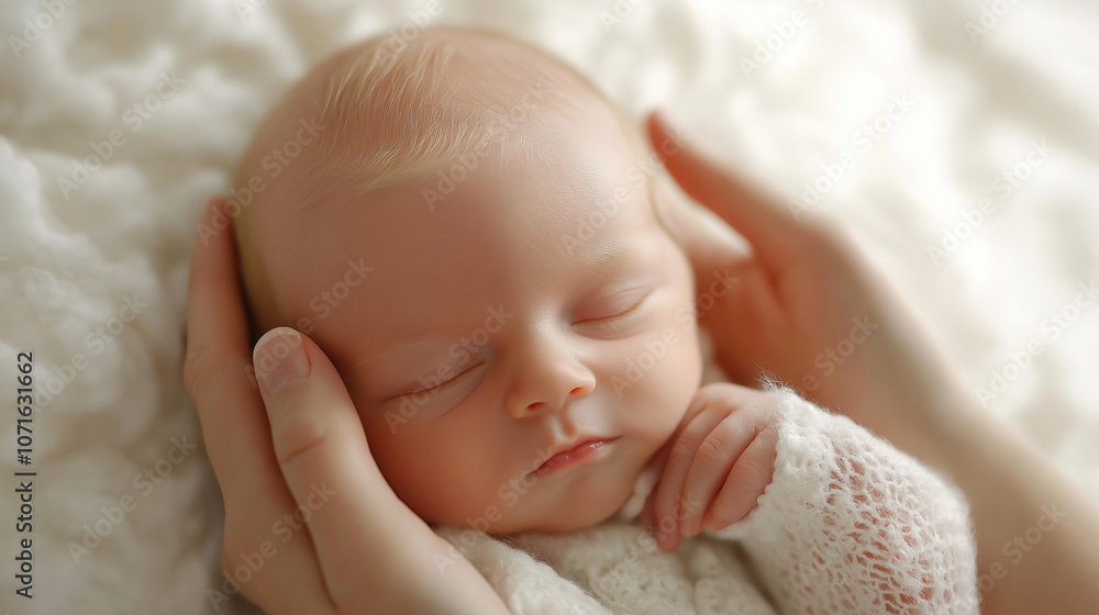 Newborn baby sleeping peacefully in gentle hands, soft embrace capturing innocence and love, delicate infant in cozy setting with warm tones, pure moments of care and comfort Newborn baby sleeping peacefully in gentle hands, soft embrace capturing innocence and love, delicate infant in cozy setting with warm tones, pure moments of care and comfort
