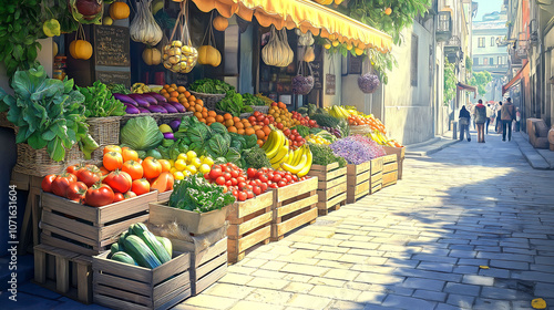 Street market stall filled with a colorful array of fresh fruits and vegetables in wooden crates on the sidewalk. Fresh fruits and vegetables on market stall