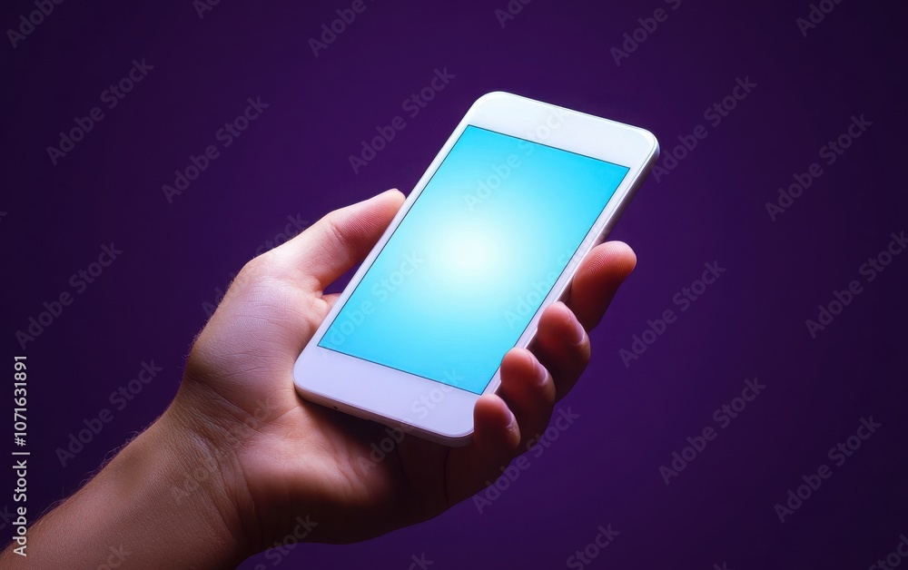 A high-resolution mockup of a hand holding a blank white smartphone with a glowing light blue screen, set against a dark purple background A high-resolution mockup of a hand holding a blank white smartphone with a glowing light blue screen, set against a dark purple background