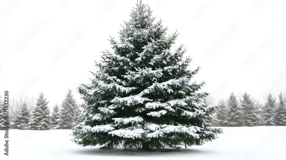 A snow-covered evergreen tree stands tall in a wintery landscape, with other trees in the background. The white snow contrasts beautifully with the green needles. A snow-covered evergreen tree stands tall in a wintery landscape, with other trees in the background. The white snow contrasts beautifully with the green needles.