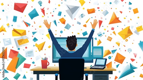 A happy man sitting at his desk working with icon illustration