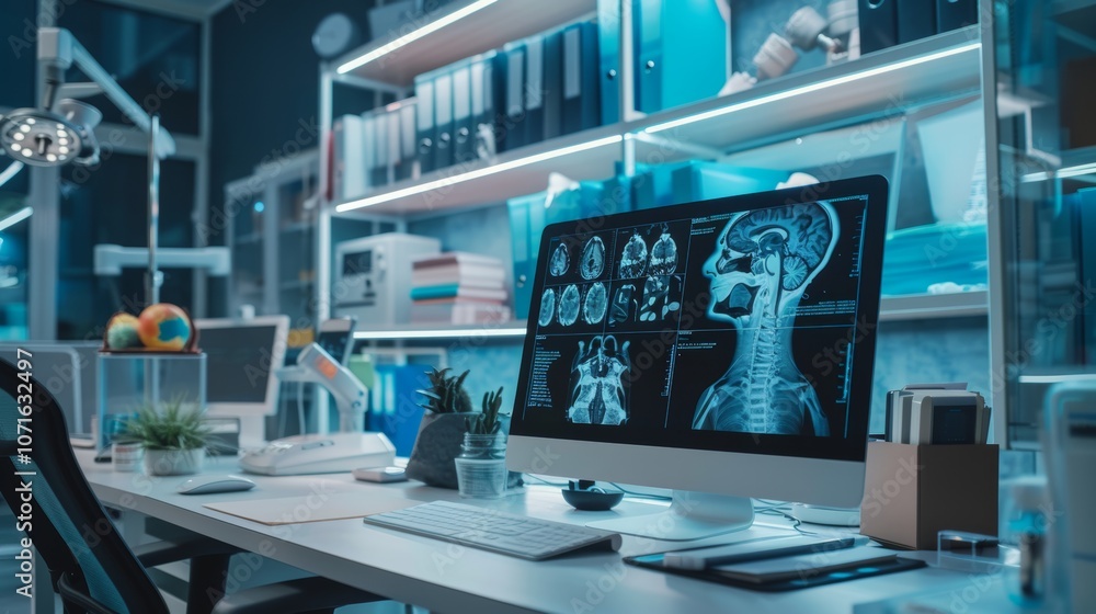 Consultation setup in a medical office featuring a computer workstation displaying diagnostic images and essential medical tools, creating a professional environment for patient evaluation Consultation setup in a medical office featuring a computer workstation displaying diagnostic images and essential medical tools, creating a professional environment for patient evaluation