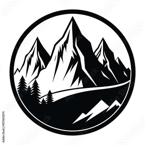 Mountain silhouette, vector icon. Rocky peaks. Mountains ranges. Black and white mountain vector icon