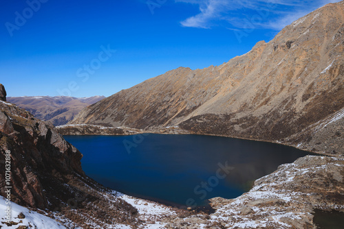 Lake under blue sky on high altitude mountain top photo