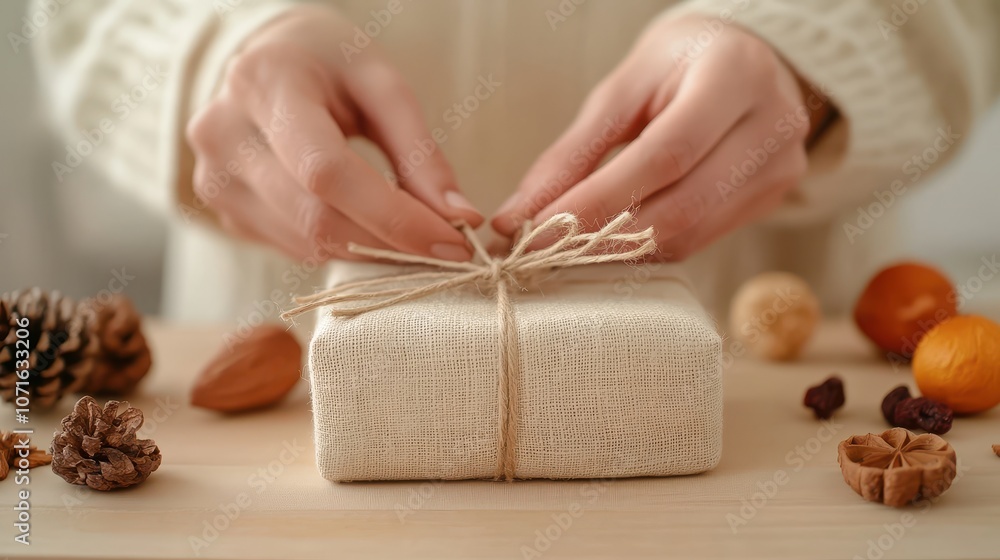 Fototapeta premium Close-Up of Hands Tying Twine Bow Around a Gift Box Surrounded by Natural Decorations and Warm Textures in a Cozy Setting