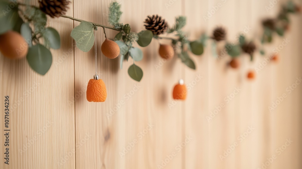 Dried Fruit Garland Hanging on a Wooden Wall Decorated with Natural Elements and Pine Cones for Festive or Seasonal Home Decoration Dried Fruit Garland Hanging on a Wooden Wall Decorated with Natural Elements and Pine Cones for Festive or Seasonal Home Decoration