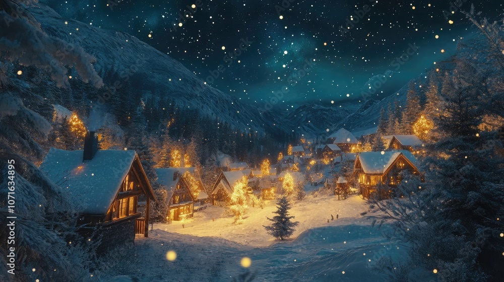 A cozy winter village nestled in the mountains, illuminated by twinkling lights against a backdrop of a starry night sky. A cozy winter village nestled in the mountains, illuminated by twinkling lights against a backdrop of a starry night sky.