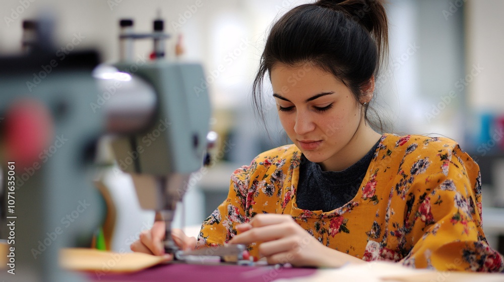 Fototapeta premium Student Engaged in Fashion Design, Learning the Art of Dressmaking with a Sewing Machine in a Classroom Environment
