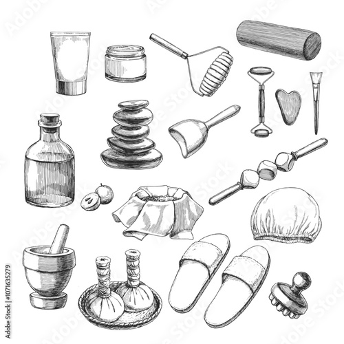 Vector set of hand-drawn illustrations of tools for massage in engraving style. Sketches of stones, wooden rollers, anti cellulite massager, herbal cotton balls, slippers and creams.  
