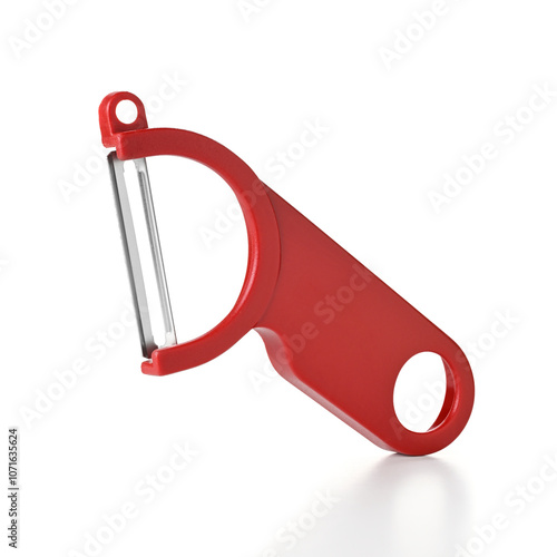 Kitchen utensil peeler isolated on white background. Image taken with a tilt-shift lens to create corner to corner sharpness.     photo