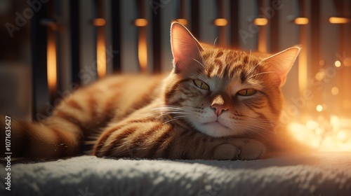 Close-up of a cat lying on a blanket near a heater. Generative AI photo