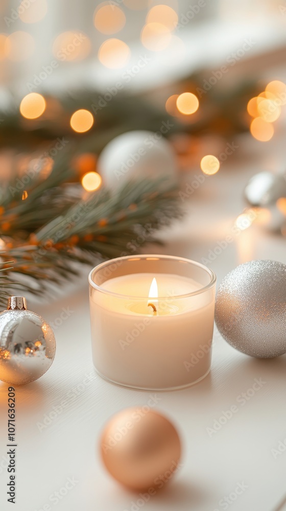 Elegant Monochromatic Holiday Setup Featuring White Candle, Silver Ornaments, Pine Branches, and Bokeh Lights for a Serene Winter Atmosphere Elegant Monochromatic Holiday Setup Featuring White Candle, Silver Ornaments, Pine Branches, and Bokeh Lights for a Serene Winter Atmosphere