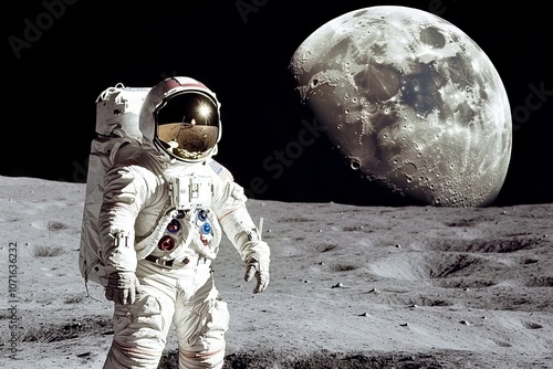 A man in a space suit stands on the moon photo