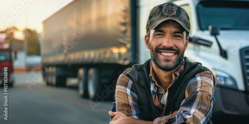 Smiling Truck Driver Standing by Semi Truck photo