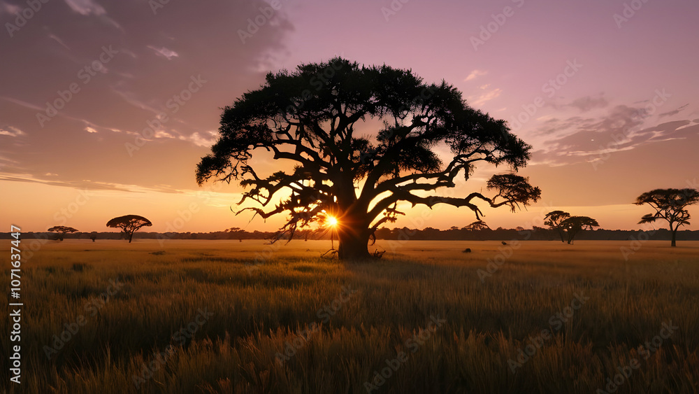 Obraz premium Sunset at savannah plains, Sunset Over Savannah with Lone Leafless Tree and Golden Light