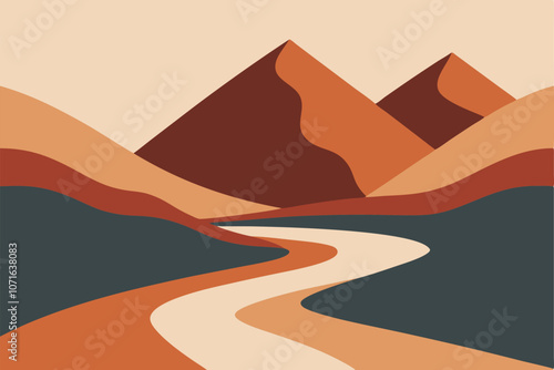 Mountain River. Abstract landscape, minimalism. Trending earth colors. Save and preserve the nature. Concept of travel