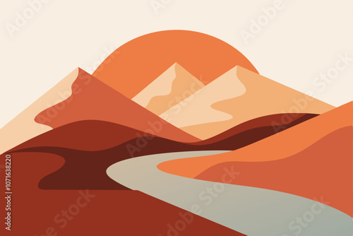 Mountain River. Abstract landscape, minimalism. Trending earth colors. Save and preserve the nature. Concept of travel