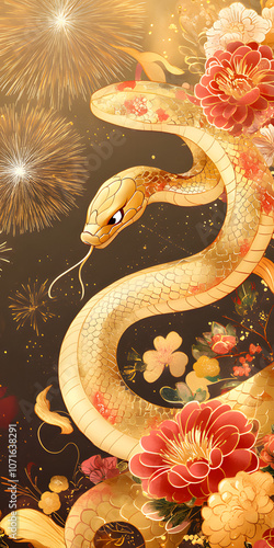 Gorgeous and luxurious Chinese Year of the Snake hand-painted artwork, illustration, wallpaper, commercial poster, poster, background, Chinese New Year, snake, year of the snake, 2025, zodiac，gold photo