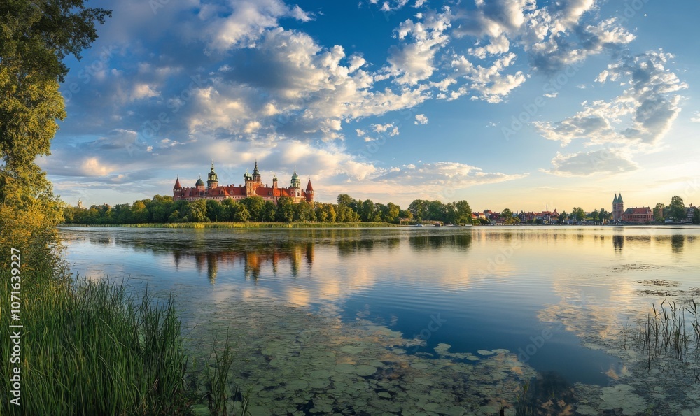 Naklejka premium Frederiksborg Castle, in the town of Hillered on Lake Slotsse. Panorama. Denmark. XVI century. Copenhagen, Denmark, Europe