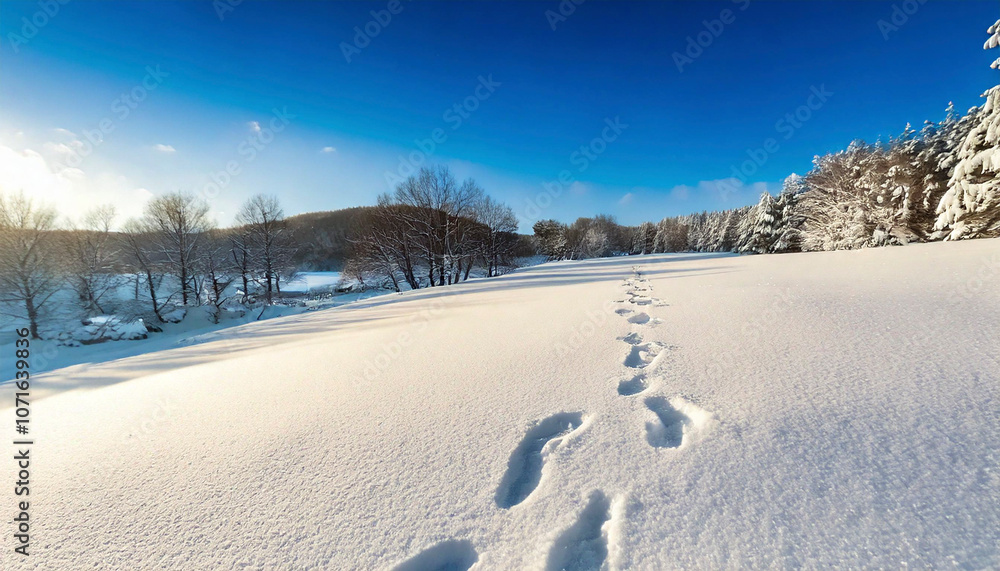 Obraz premium 冬・雪山の風景 尾根についた雪につけられた足跡 雪原の山道にまっすぐについた道のり 山登り・登山・森林 雪国のイメージ