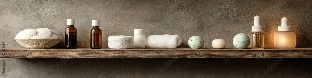 Natural spa products on wooden shelf against textured wall Natural spa products on wooden shelf against textured wall