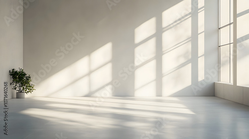 Spacious and minimalistic interior with natural light casting soft shadows on a clean, white wall.