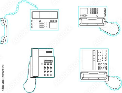 Vector sketch illustration of the silhouette of a landline telephone communication device seen from above