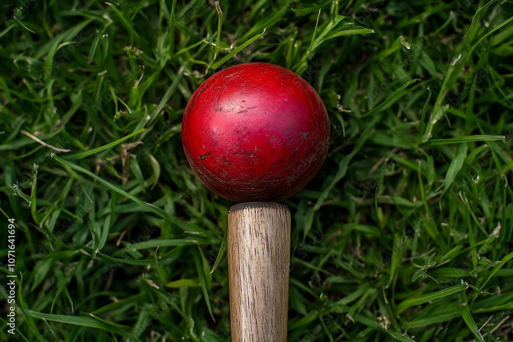 cricket bat ball stumps and bails placed on green grass cricket pitch background cricket bat ball stumps and bails placed on green grass cricket pitch background