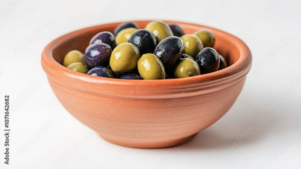 Terracotta bowl filled with mix of green and black olives Terracotta bowl filled with mix of green and black olives