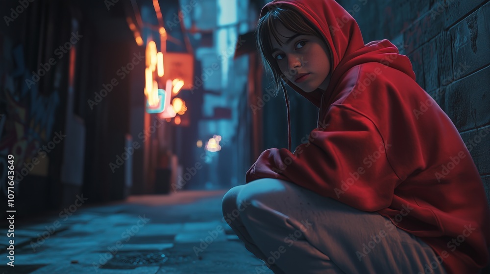 Obraz premium Pensive Youth in Red Hoodie in Neon Alleyway, Ideal for Cyberpunk Narratives, Urban Adventure Art, and Futuristic Character Design