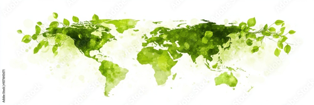 illustration of green Earth map with lush leaves and vines symbolizing nature, sustainability, and global environmental conservation illustration of green Earth map with lush leaves and vines symbolizing nature, sustainability, and global environmental conservation