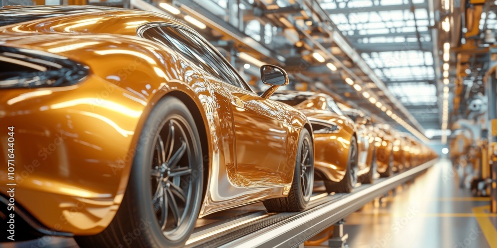 Fototapeta premium Row orange sports cars conveyor belt factory are Auto body shop uses