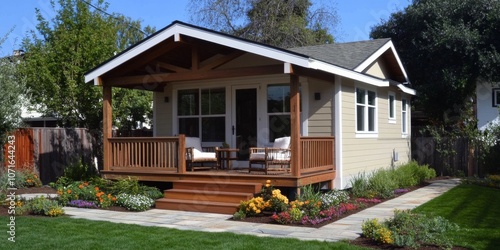 Small single-story house sloping roof porch is painted ADU dwelling unit photo