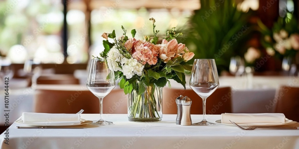 Table set up formal dinner restaurant is covered White linen-covered Table set up formal dinner restaurant is covered White linen-covered