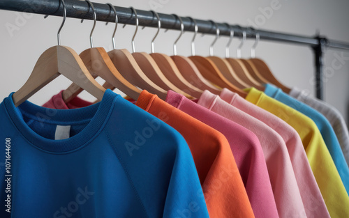 A stylish row of colorful cotton sweatshirts on hangers in a trendy retail store, showcasing an appealing blend of vibrant and pastel hues, perfect for creating a cozy and fashionable wardrobe photo