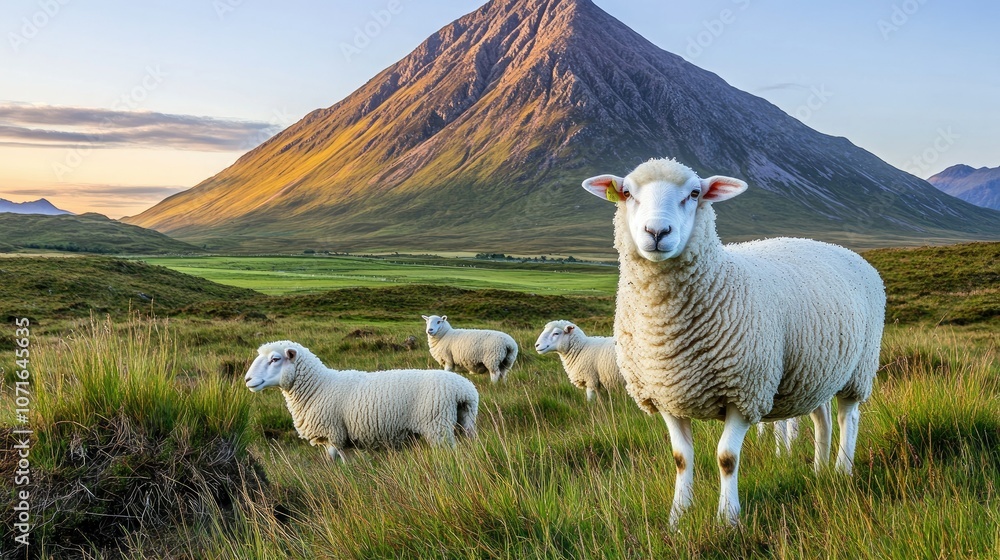 Fototapeta premium Serene Mountain Landscape with Sheep Grazing