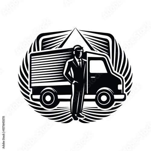 Driver Silhouette with Delivery Van Vector Icon Illustration