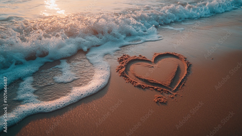 Obraz premium Heart Drawing in Sand at Sunrise by the Beach
