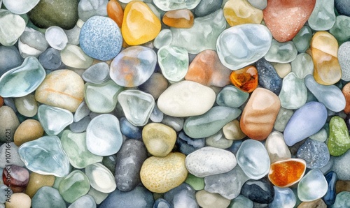 Watercolor Beautiful Glass Pebbles on the Shore at Glass Beach, Fort Bragg, California photo