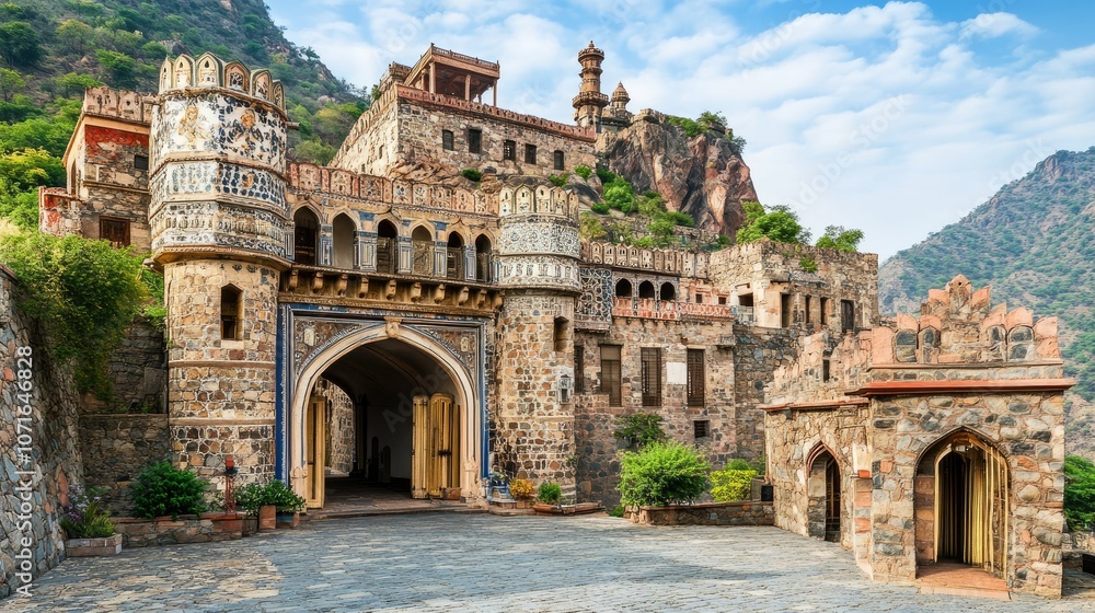 Fototapeta premium Historic Stone Castle Surrounded by Lush Mountains