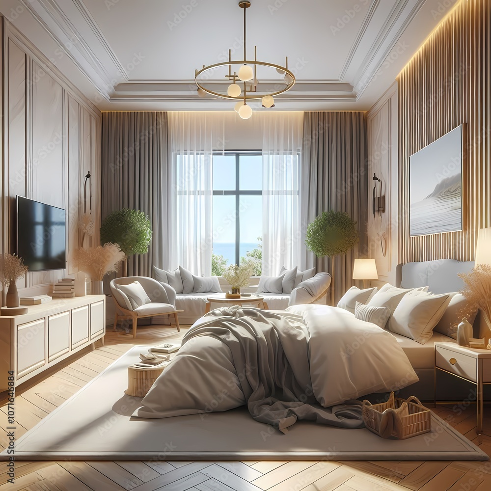 Fototapeta premium A 3D rendering of a cozy bedroom in a coastal style with a cozy background.