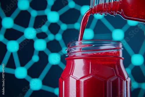 A vibrant splash of red beverage filling a jar against a dynamic molecular background, showcasing freshness and flavor. photo