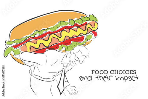 Hand drawn line art vector of man eating burger. Junk food consumption and its impact on human health.