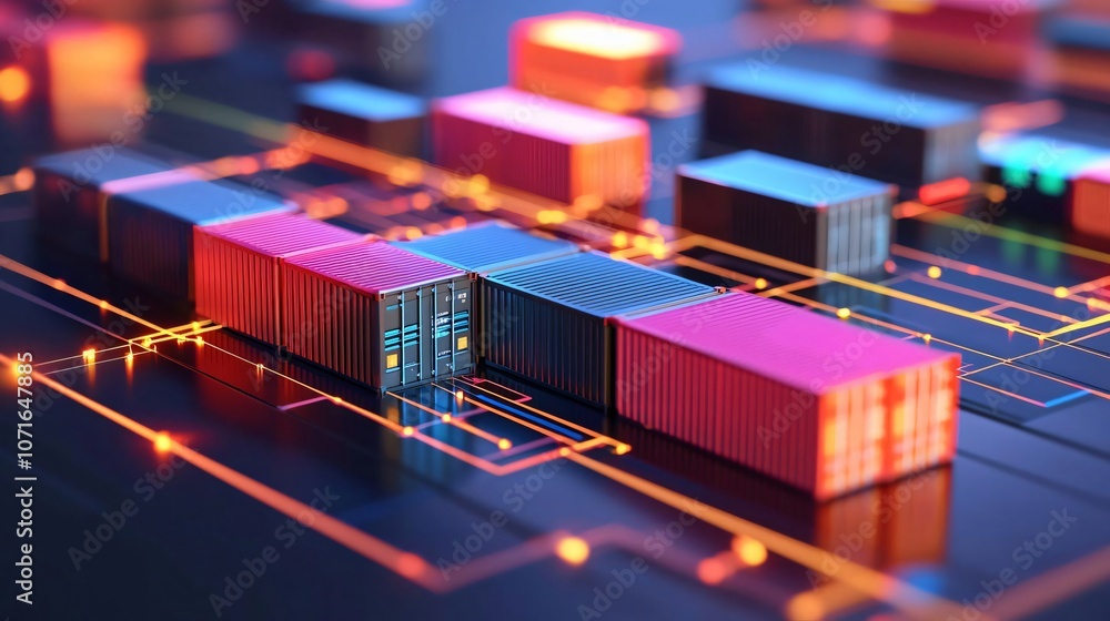 An abstract representation of digital technology with glowing containers and circuit patterns. An abstract representation of digital technology with glowing containers and circuit patterns.
