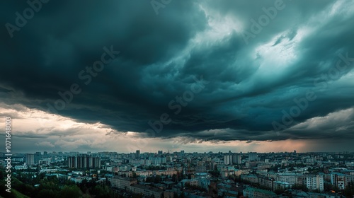 Dramatic storm clouds over city skyline at dusk photo