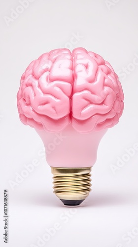 A creative light bulb crafted from a human brain symbolizes innovative thinking and the power of ideas against a stark white background photo