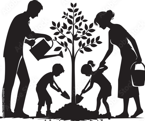 Family planting a tree silhouette vector