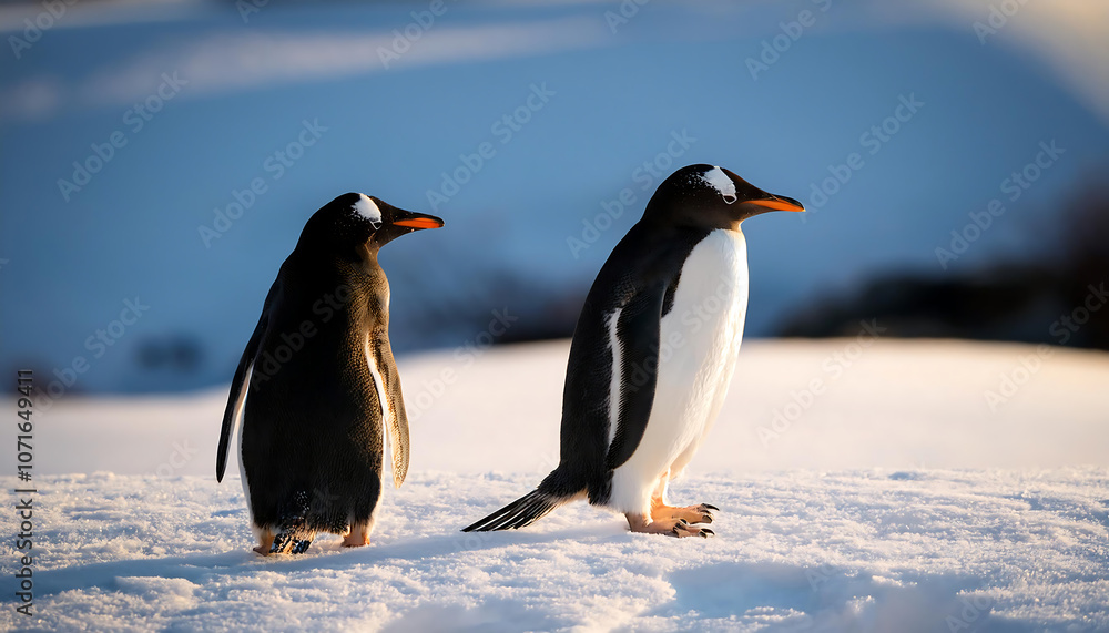 Obraz premium Adorable pair of penguins standing together on a snowy landscape