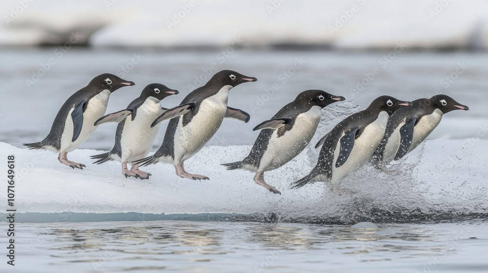 Obraz premium Penguins Jumping into the Water in Arctic Environment