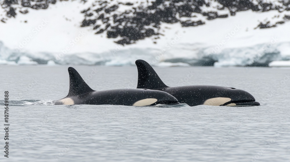 Fototapeta premium Orcas swimming in icy waters with snowy background